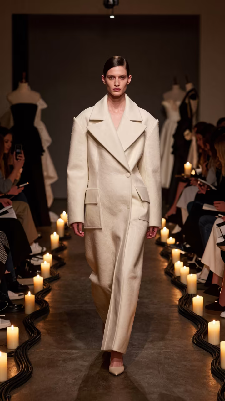 Model in Sculpted Coat Backstage Jeju in inside a couture atelier in Jeju