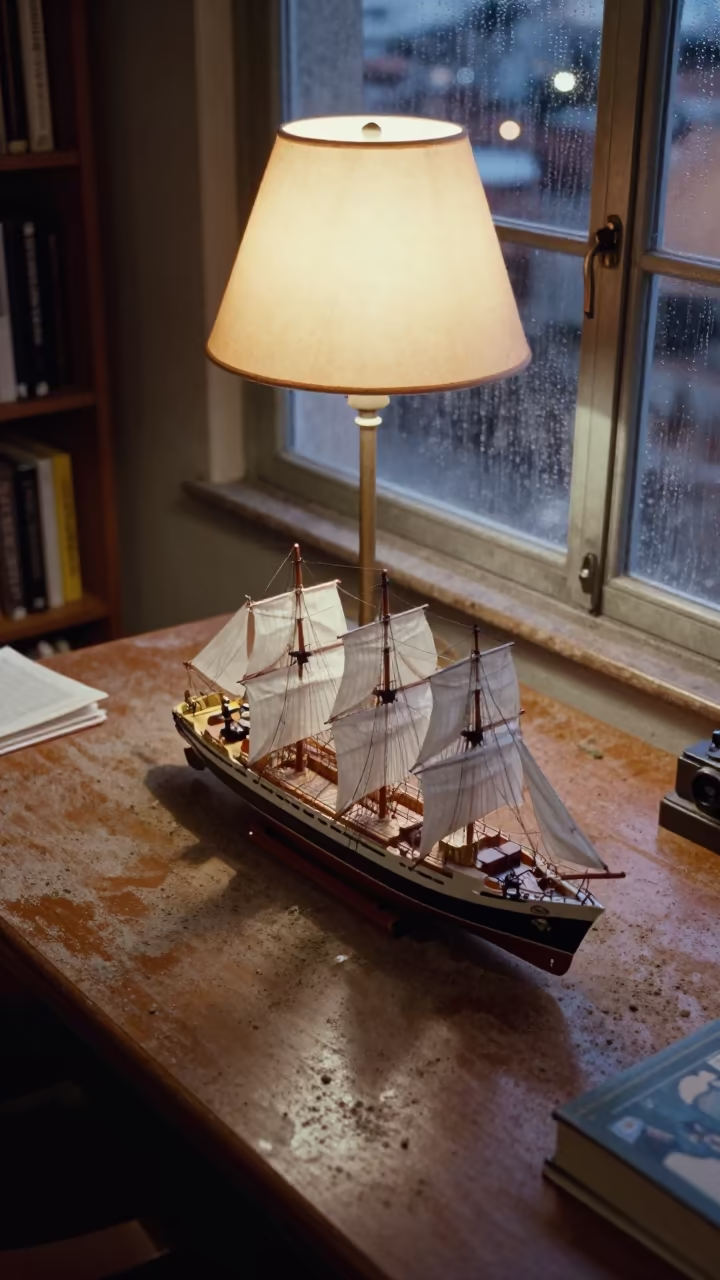 Model Ship on Library Table Under Lamp in on a dusty library table in Comodoro Rivadavia