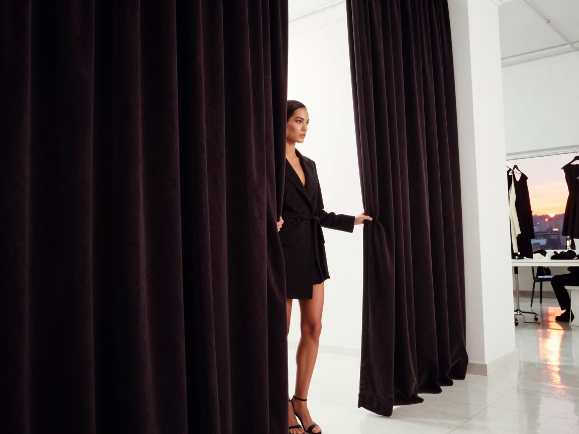 Model Steps Through Curtain Into Amber Light in inside a couture atelier near Ibagué