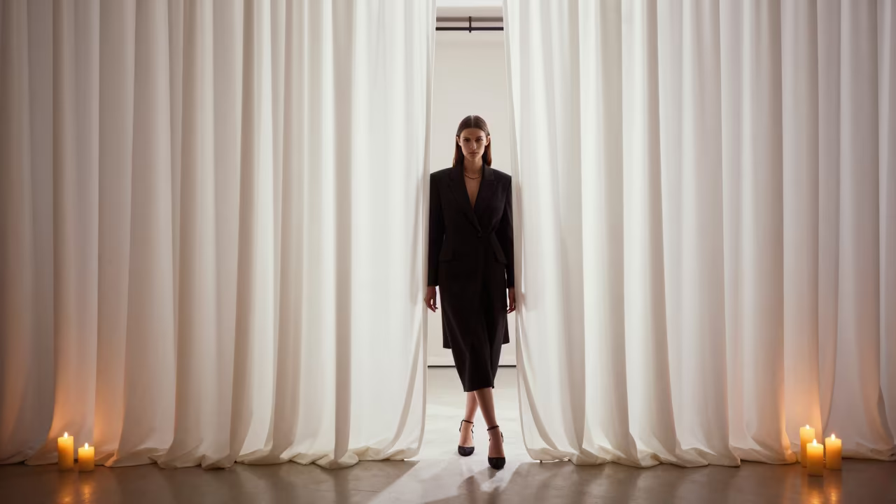 Model Steps Through Curtain Into White Light in inside a minimalist showroom in Tampa