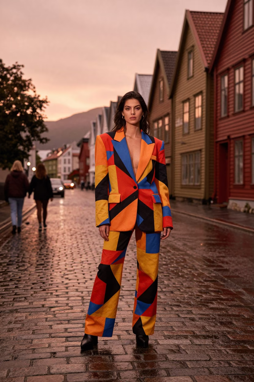Model Street Scene in Bergen at Copper-toned Light Before Dusk in in Bergen, Norway