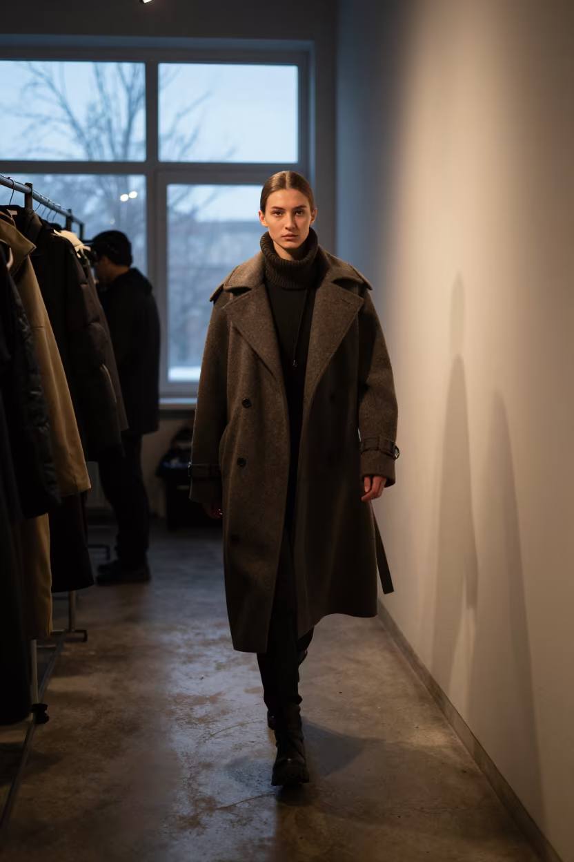 Model Turning on Floodlit Runway Before Dawn in in a backstage changing corridor near Khujand