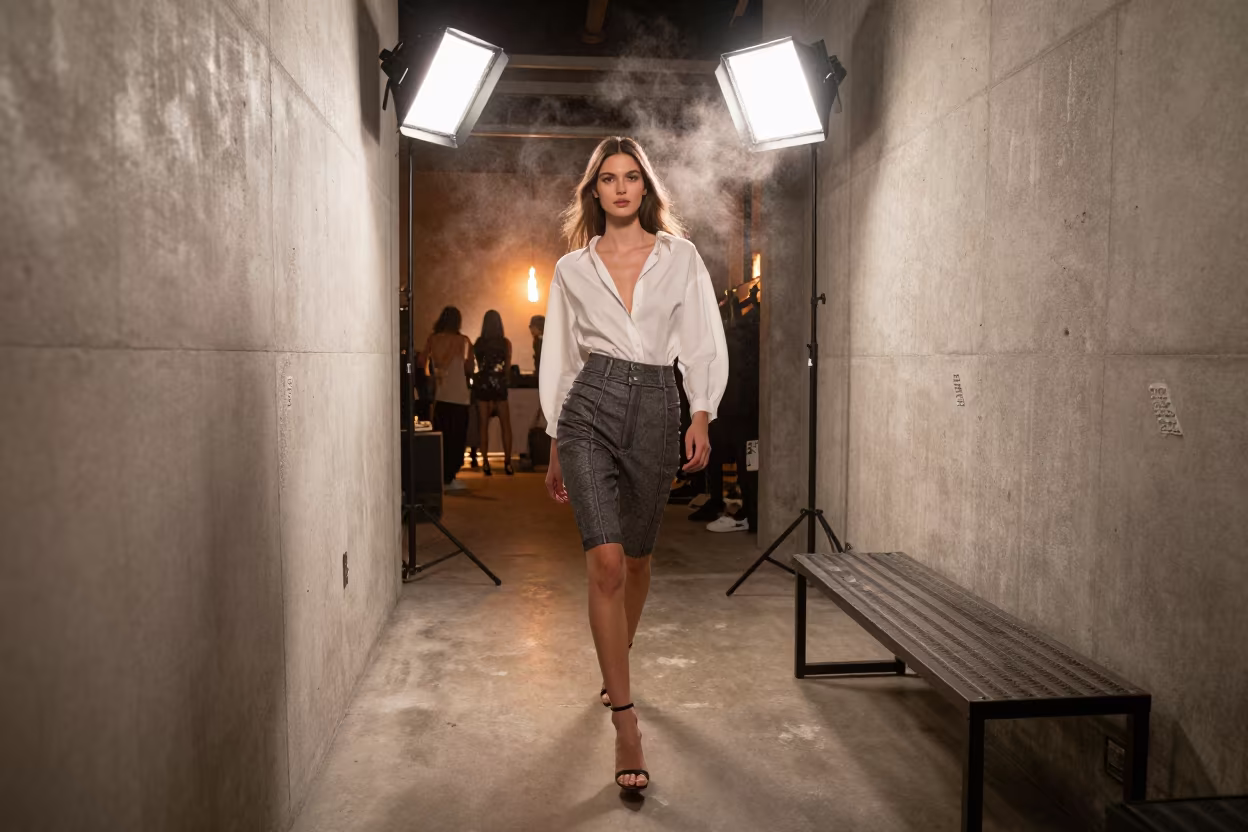 Model Turning Under Warm Firelight Backstage in in a backstage changing corridor near Calgary