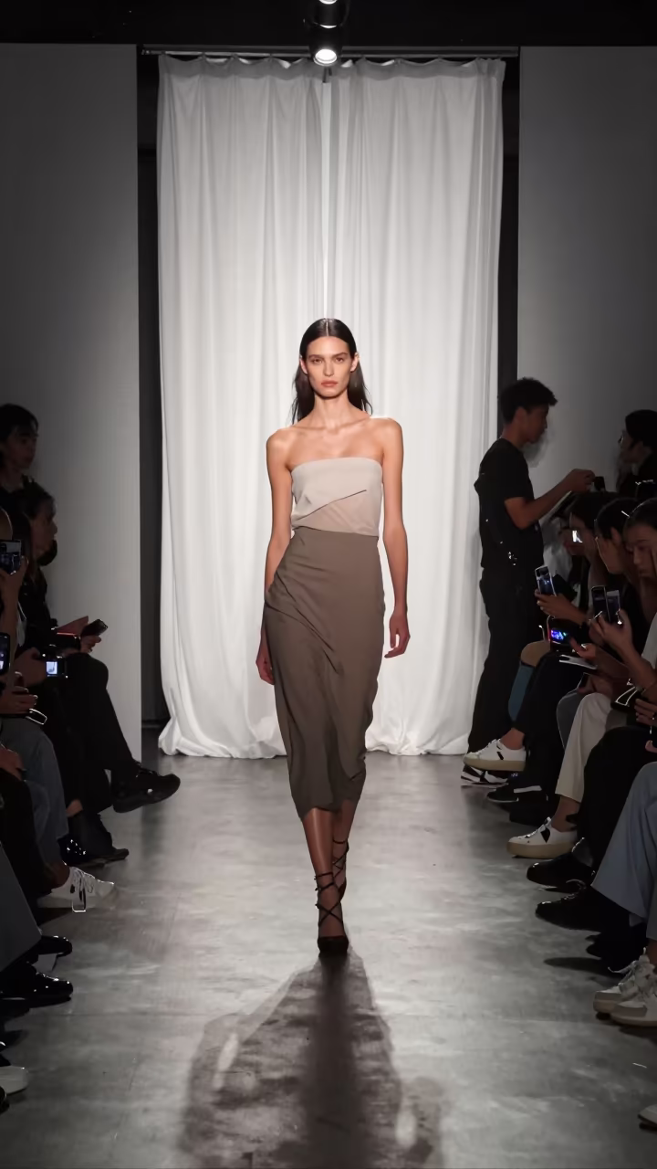 Model in White Light Behind Curtain Victoria in in a backstage changing corridor in Victoria