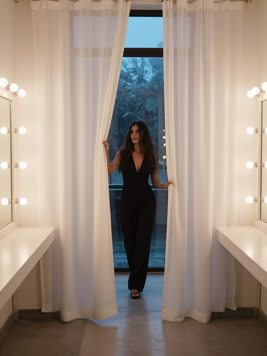 Model in White Spill Light Behind Curtain in beside a mirror lined with makeup bulbs in Nablus