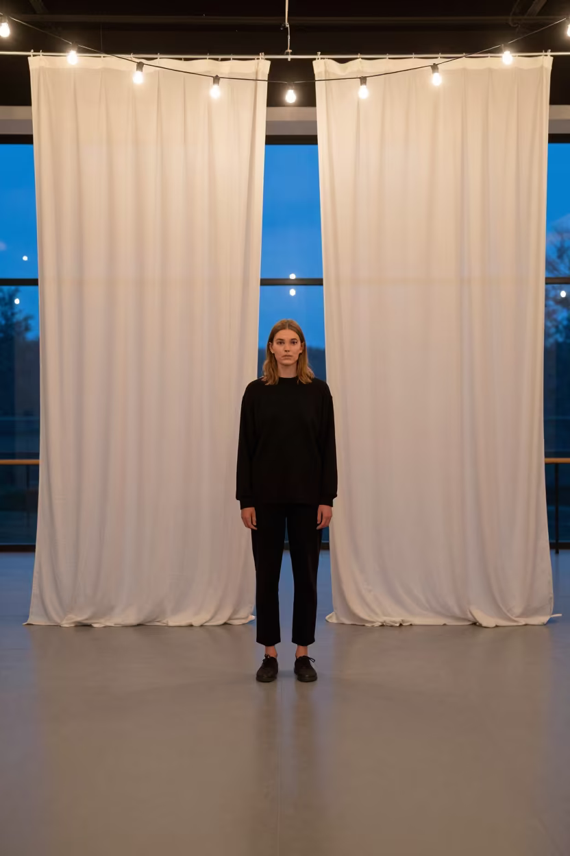 Model in White Spill Light Behind Curtain in under runway rehearsal lights near Ahmedpur East