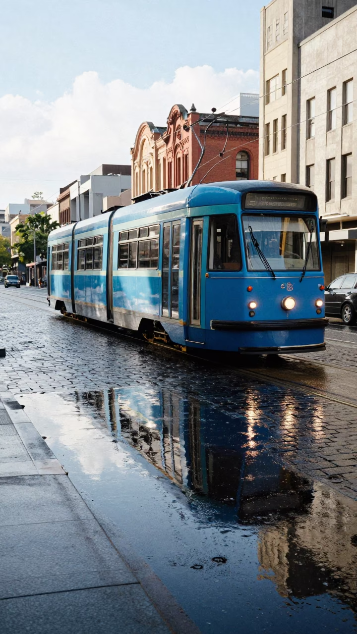 Modern Melbourne Tram Reflections on Wet Cobblestones in Midmorning Light in in Melbourne, Victoria, Australia