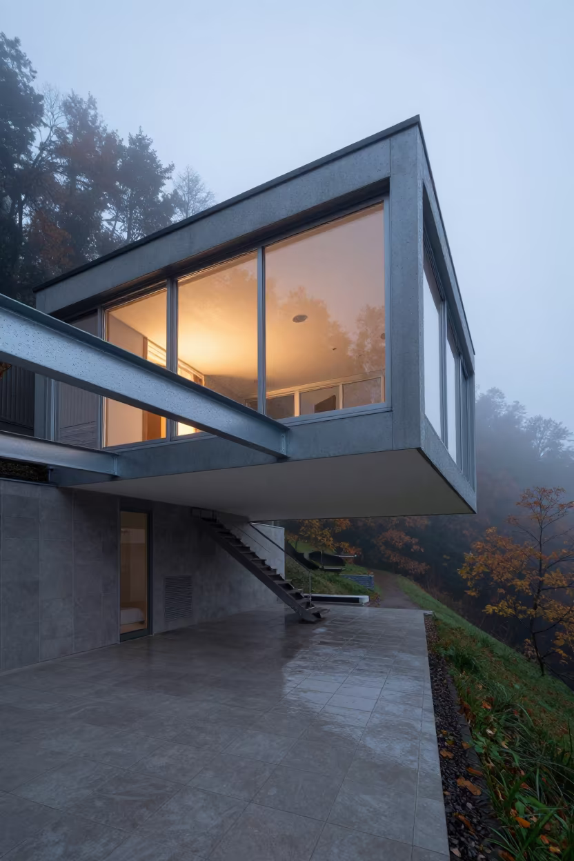 Modernist Cantilever House on Misty Hillside in inside a tiled stair hall near Hartford