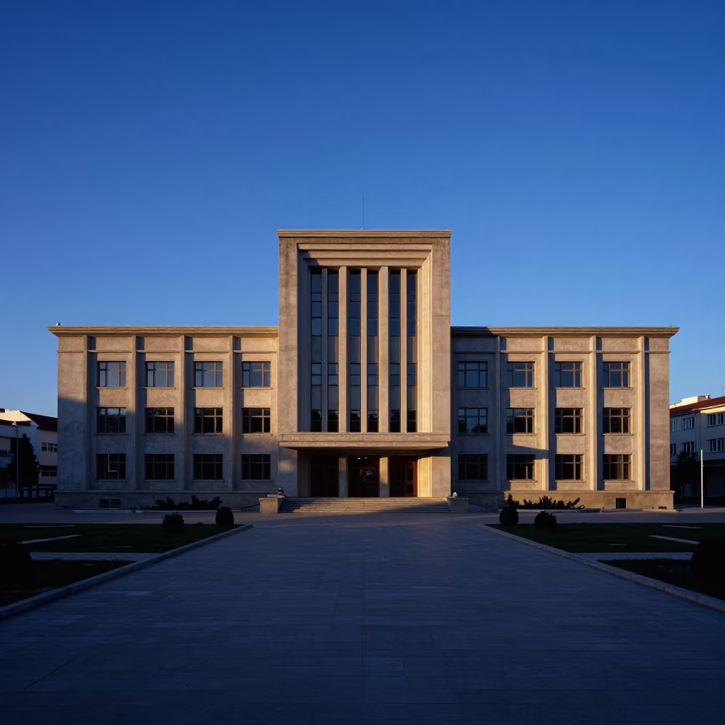 Modernist Chapel School in Indigo Twilight in across a formal civic plaza in Ouargla