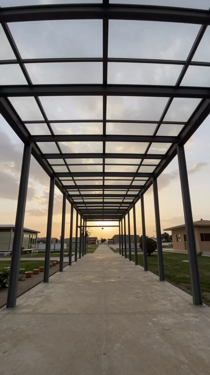Modernist Glass Pavilion in Evening Light in inside a skylit passageway near Qena