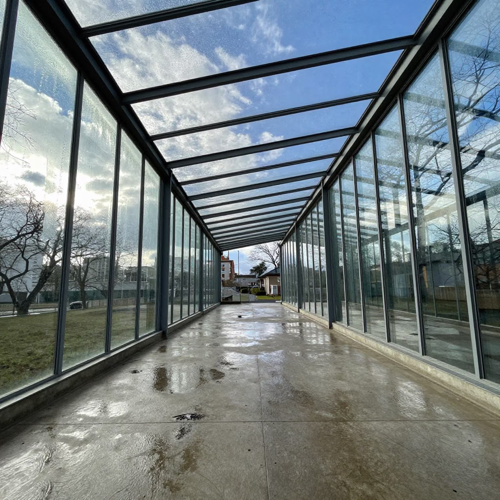 Modernist Glass Pavilion in Porto Alegre Winter in inside a glass-roofed arcade in Porto Alegre