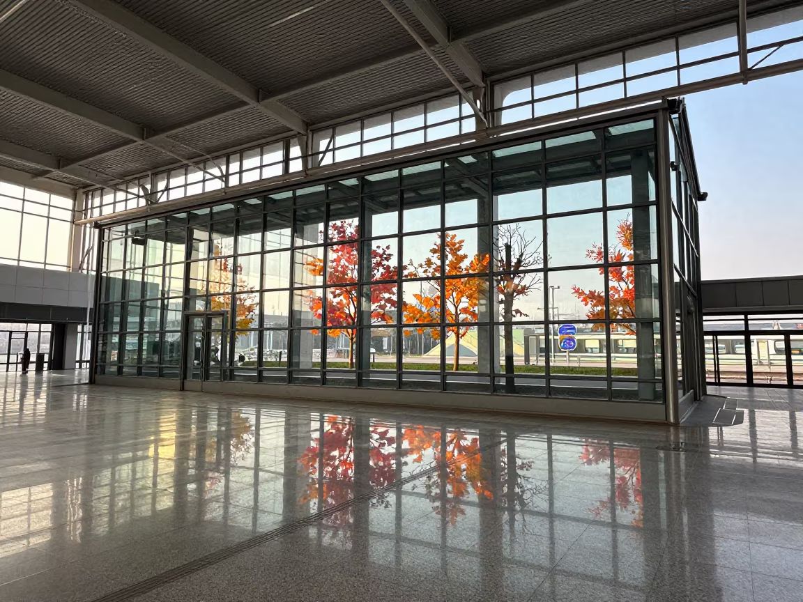Modernist Glass Pavilion Reflecting Autumn Trees in inside a restored train terminal in Zhengzhou