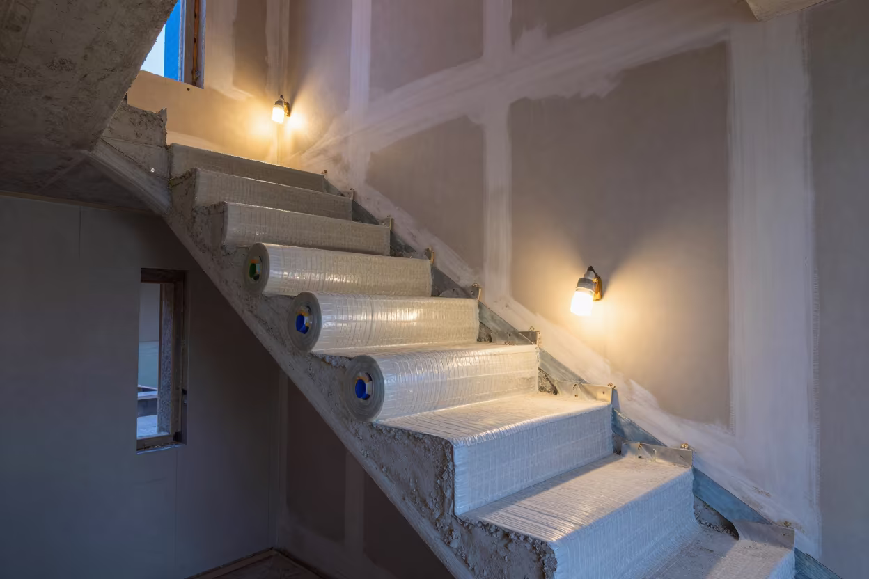 Moisture Barrier Tape Tub in Bare Stair Tower in inside a bare shell stair tower in Uzbekistan