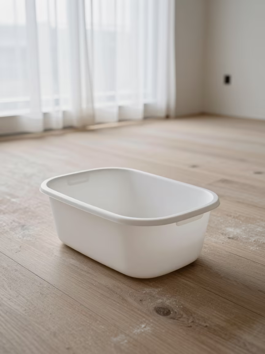 Moisture Barrier Tape Tub on Dusty Laminate Floor in in a renovation zone under temporary light in Vancouver
