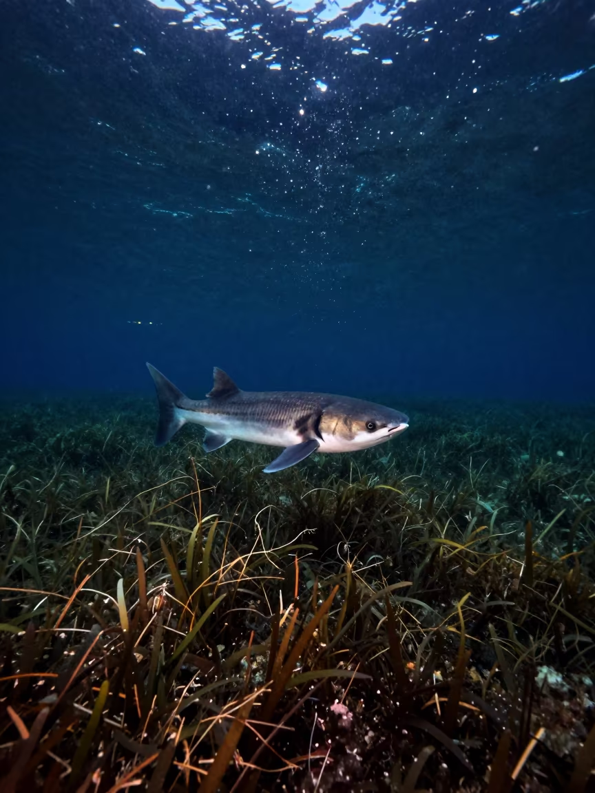 Mola Mola Drifting Under Starlight Over Seagrass in above a seagrass meadow near Quartieri Spagnoli, Naples