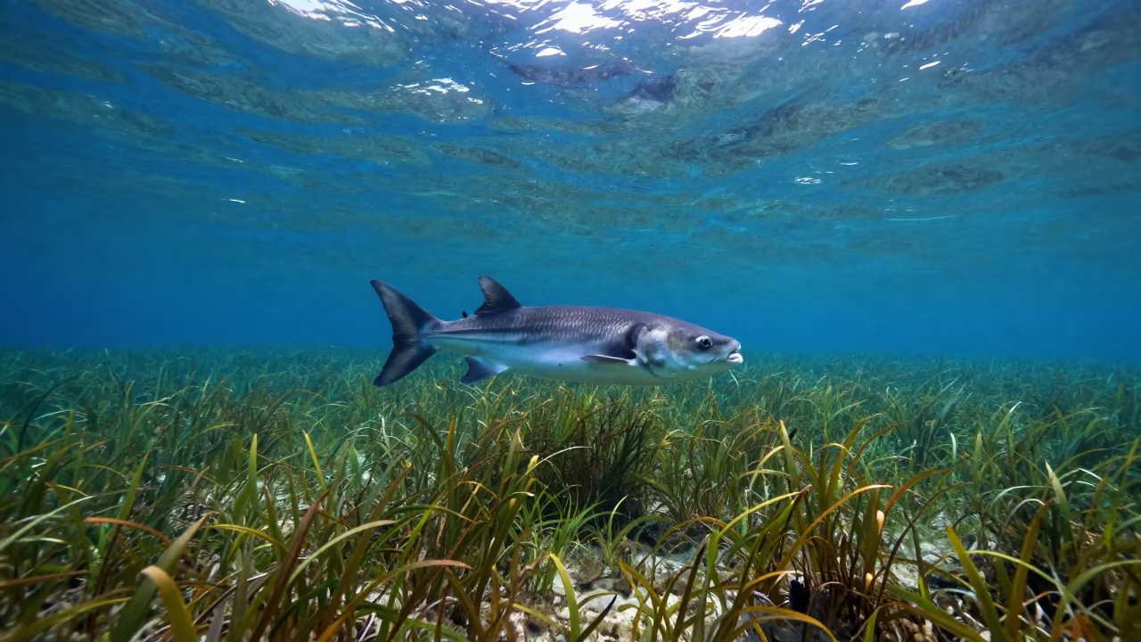 Mola Mola Drifting Near Sunlit Surface in above a seagrass meadow near Reykjavik