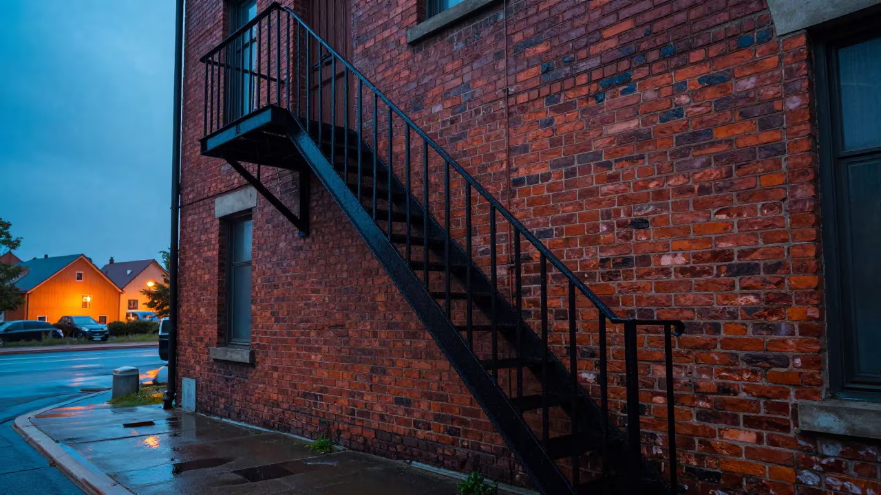 Moldovan Fire Escape in Blue Evening Drizzle in beside a canal-front facade in Moldova