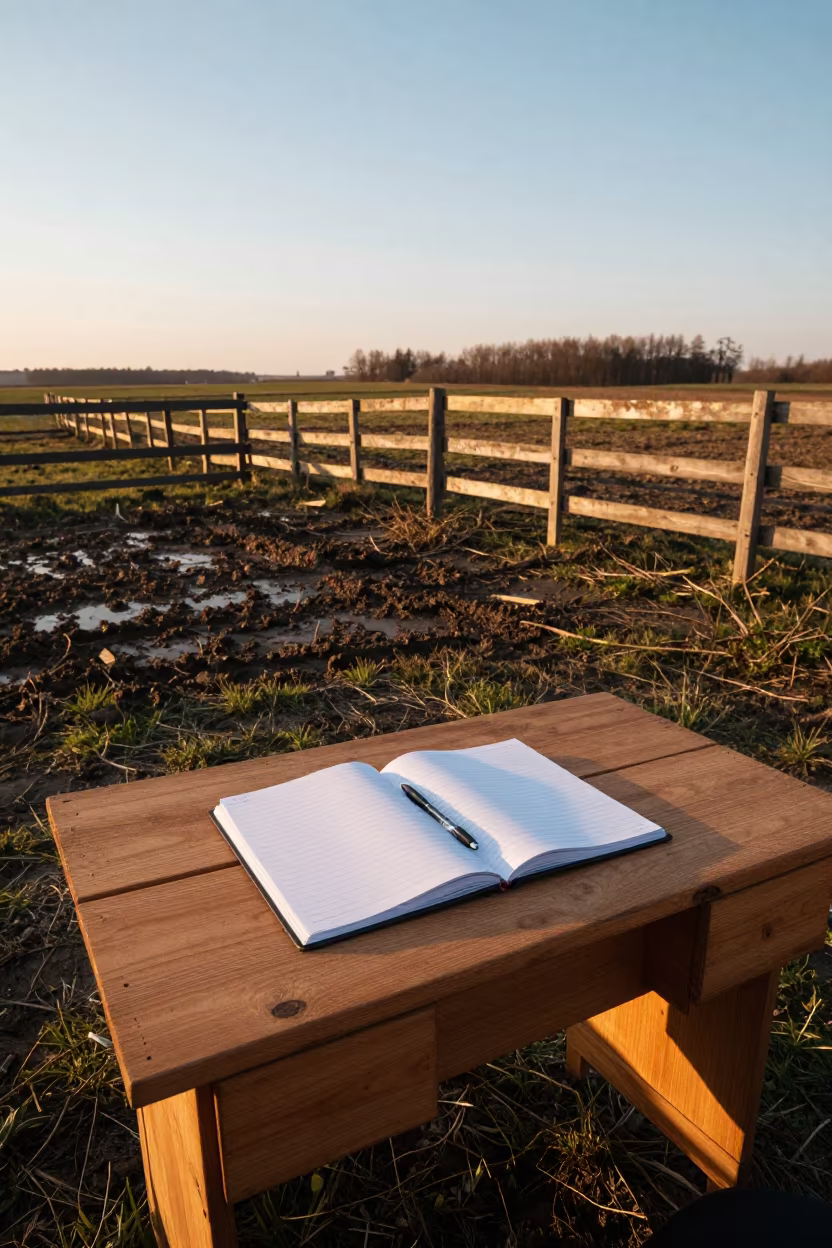 Moldovan Livestock Ledger at Amber Sunset in along a muddy paddock fence in Moldova
