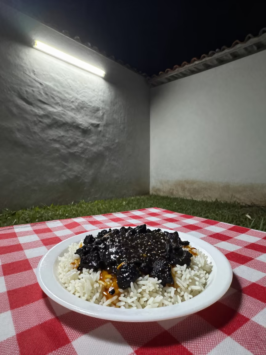 Mole Negro Over Rice on Picnic Blanket in on a picnic blanket in Belo Horizonte