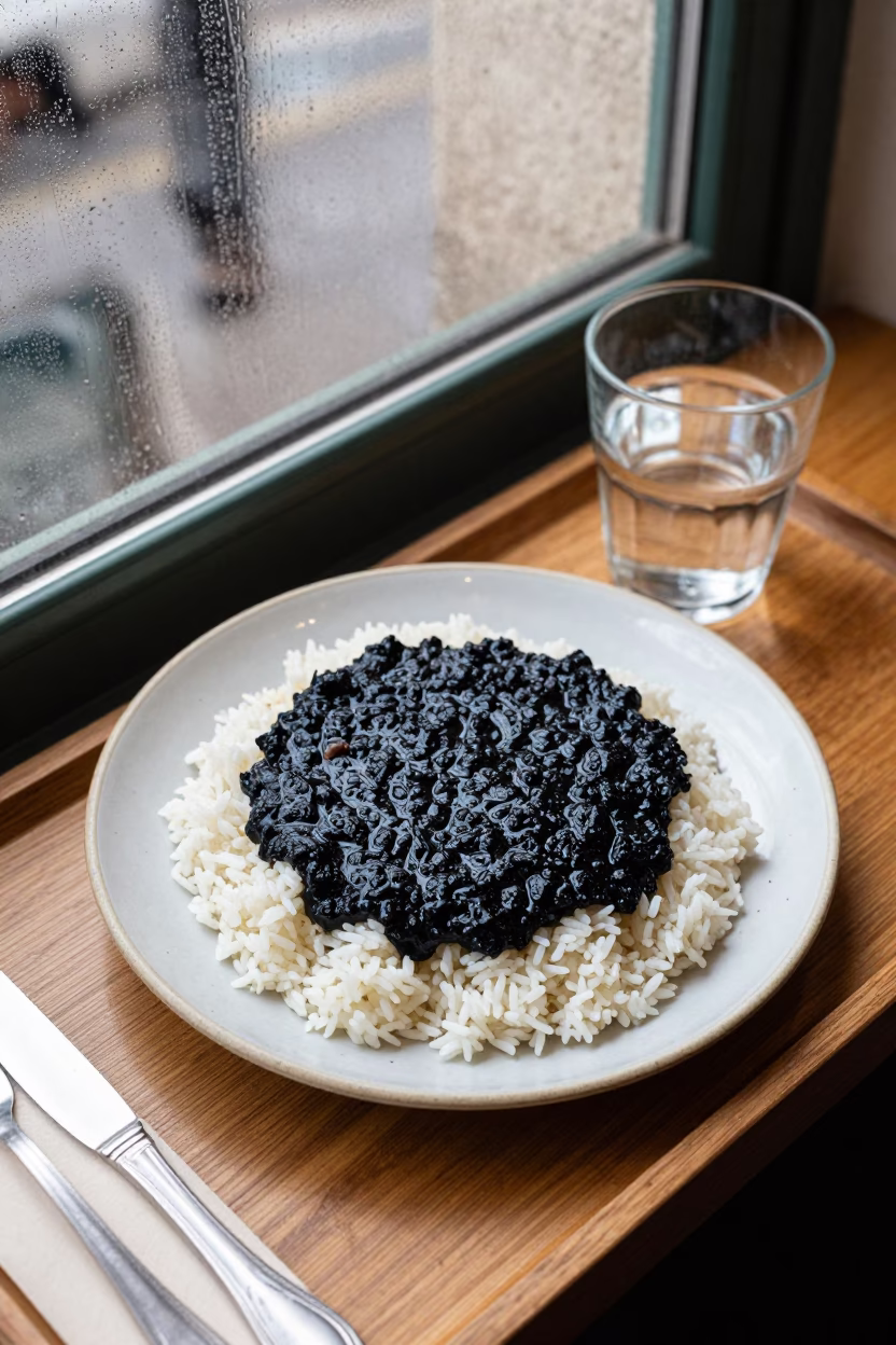 Mole Negro Rice Plate on Barcelona Tea Tray in on a tea house tray in Barcelona