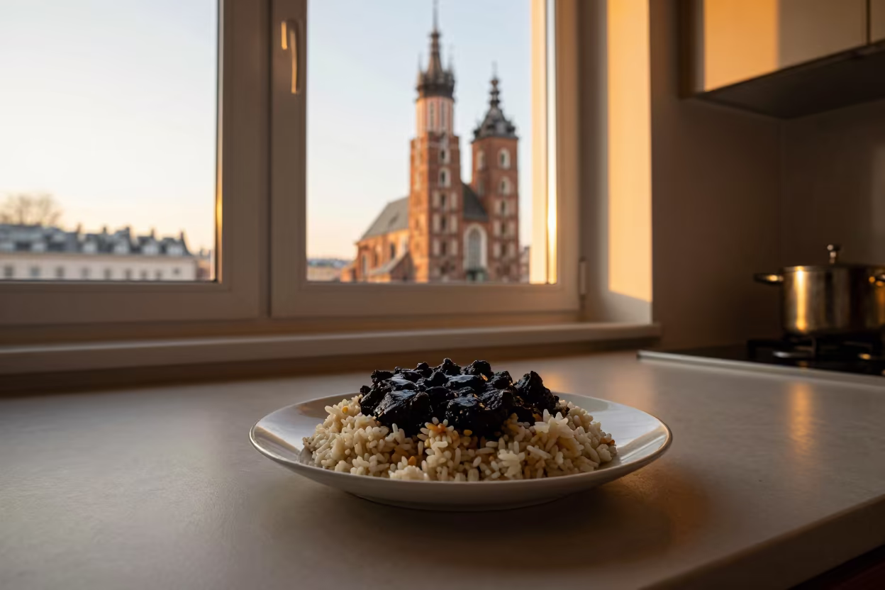 Mole Negro Rice Plate Golden Hour Krakow in on a kitchen worktop in Krakow