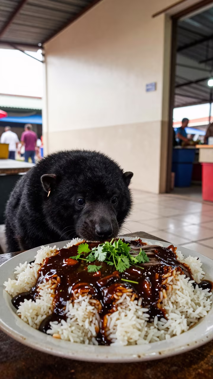 Mole Negro Rice Plate Recife Market Stall in at a market stall counter in Recife