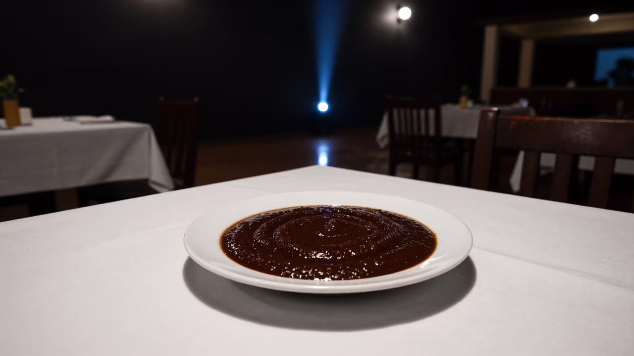 Mole Poblano on Linen in Korhogo Night in on a linen-covered restaurant table in Korhogo