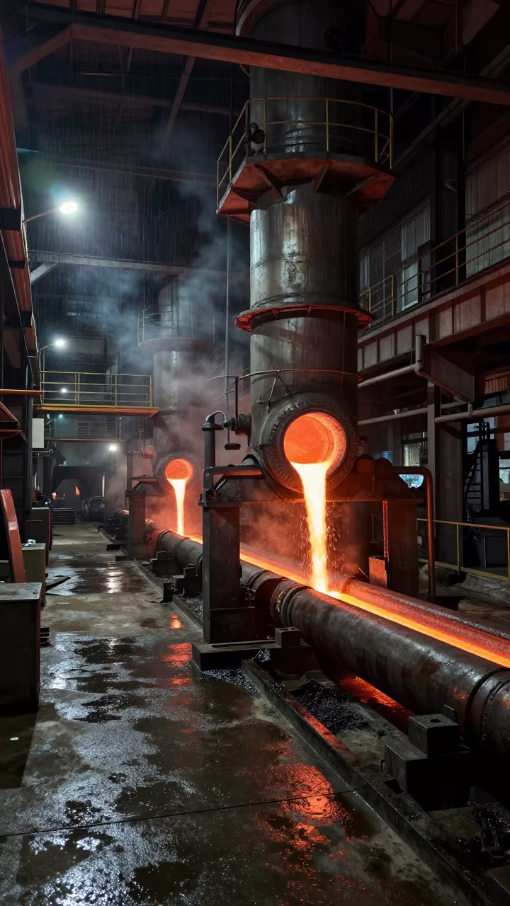 Molten Copper Rivers in Agra Smelter Night in at a rail yard near Agra