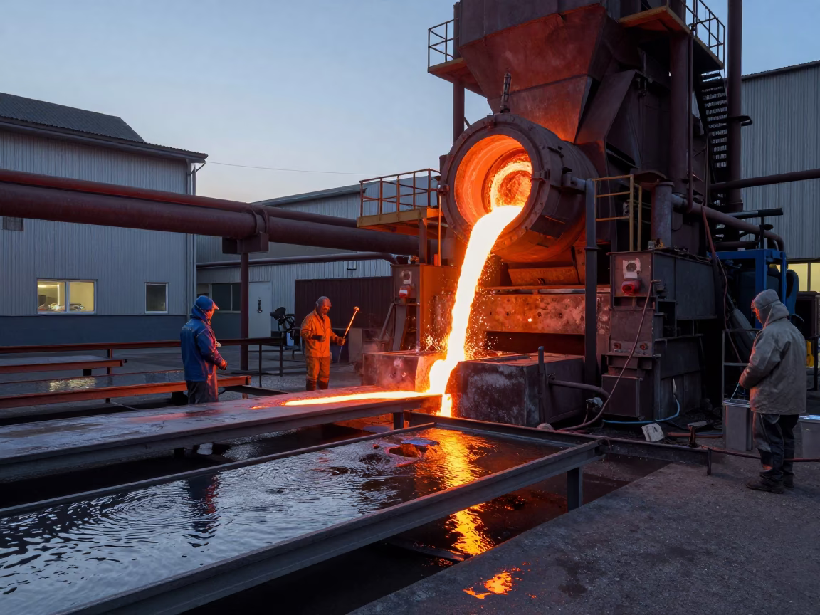 Molten Iron Pouring at Stuttgart Food Facility in along a food-processing floor with sorting tables near Stuttgart