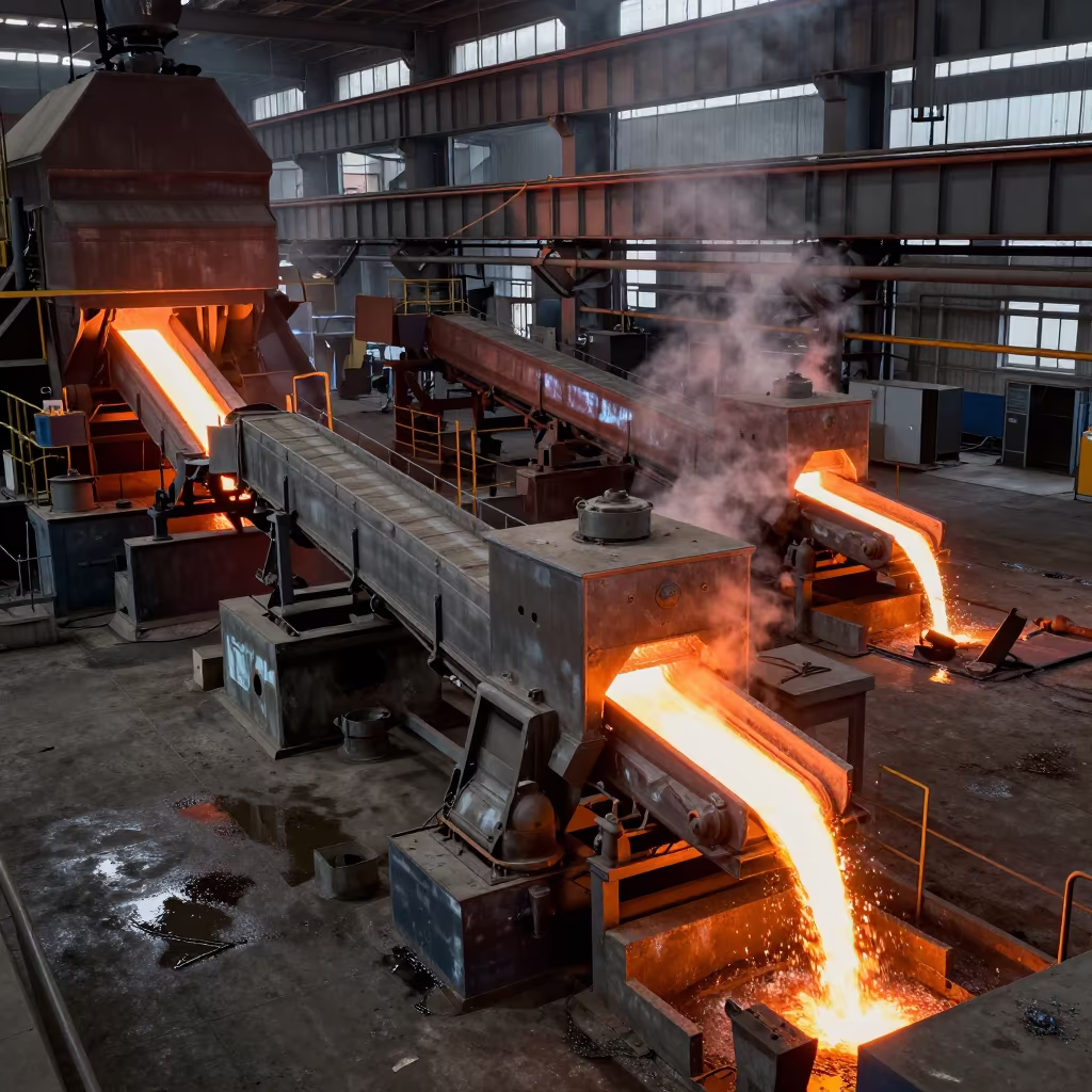 Molten Metal Pouring in Harbin Steel Mill in inside a packing hall with stainless conveyors near Harbin