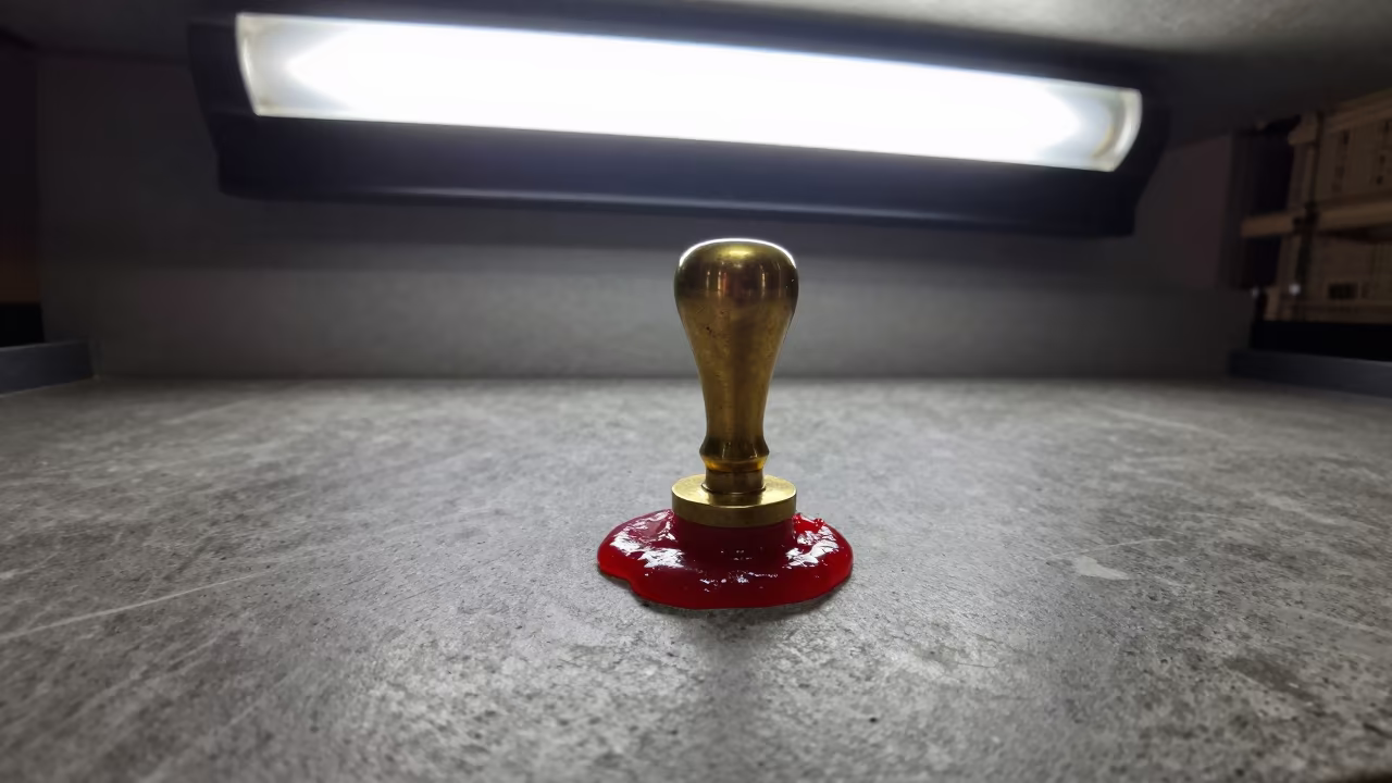 Molten Red Wax Seal on Museum Plinth Barcelona in on a museum plinth near Eixample, Barcelona