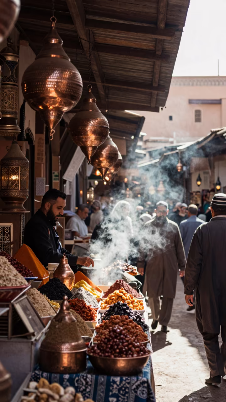 Molten Sunlight on Copper Lanterns in Marrakech Souk in at a spice vendor's table in Kasbah, Marrakech