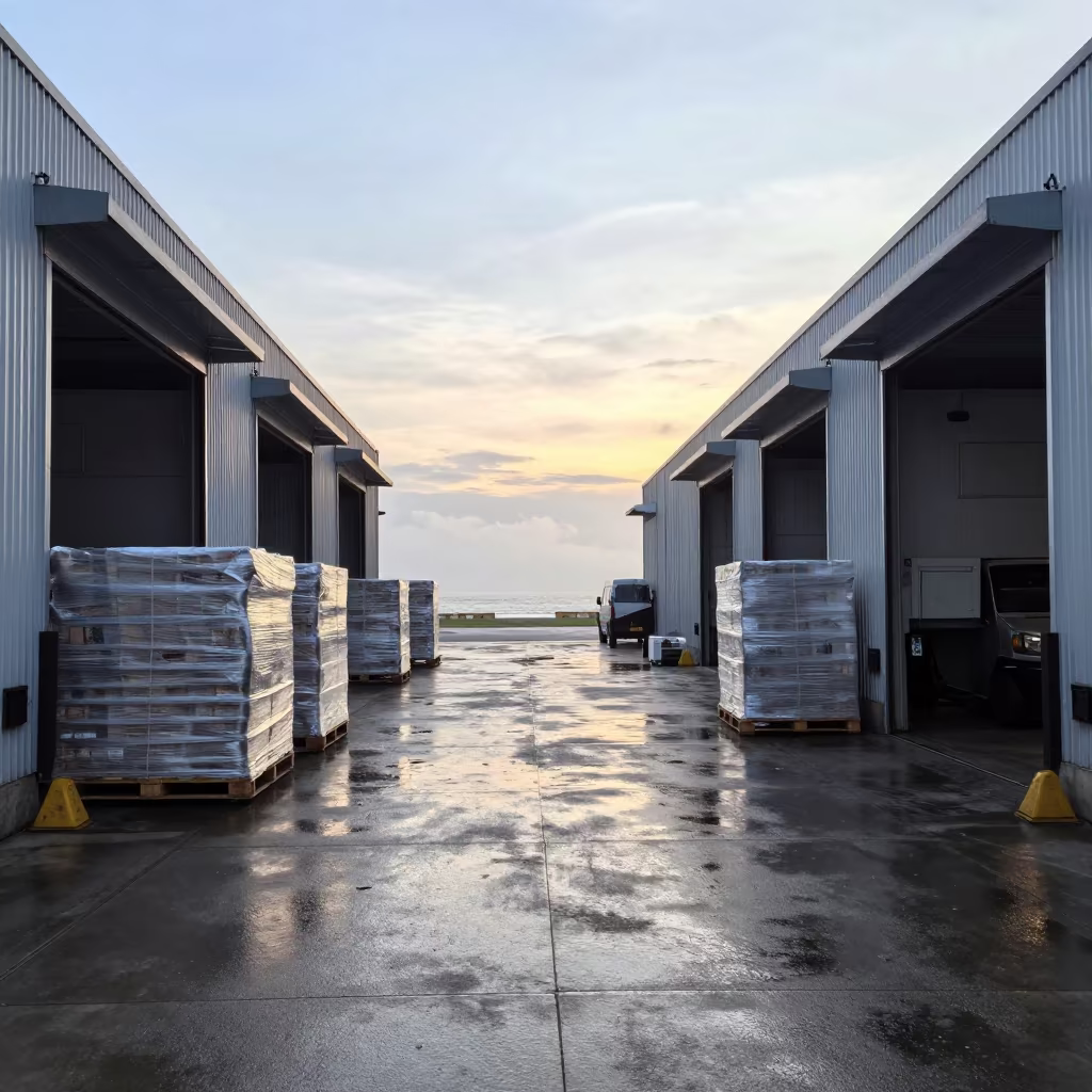 Mombasa Dock Morning Fog Dispatch Pallets in at a delivery depot loading bay near Mombasa