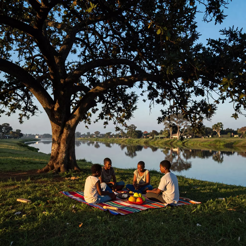 Mombasa Family Picnic Before Dawn Under Oak in beside a canal in Mombasa