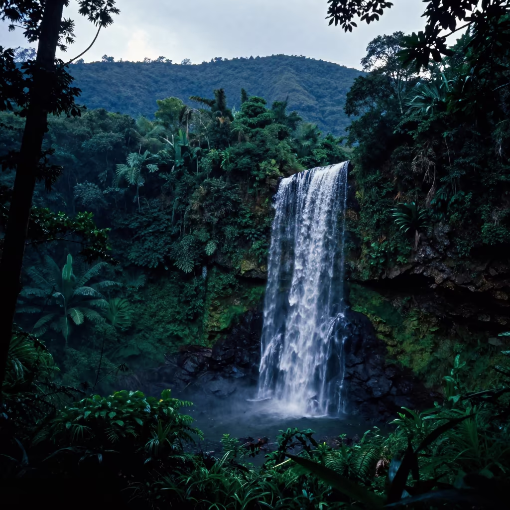 Mombasa Jungle Waterfall Ridge Evening Blue Light in from a ridge above layered foothills near Mombasa