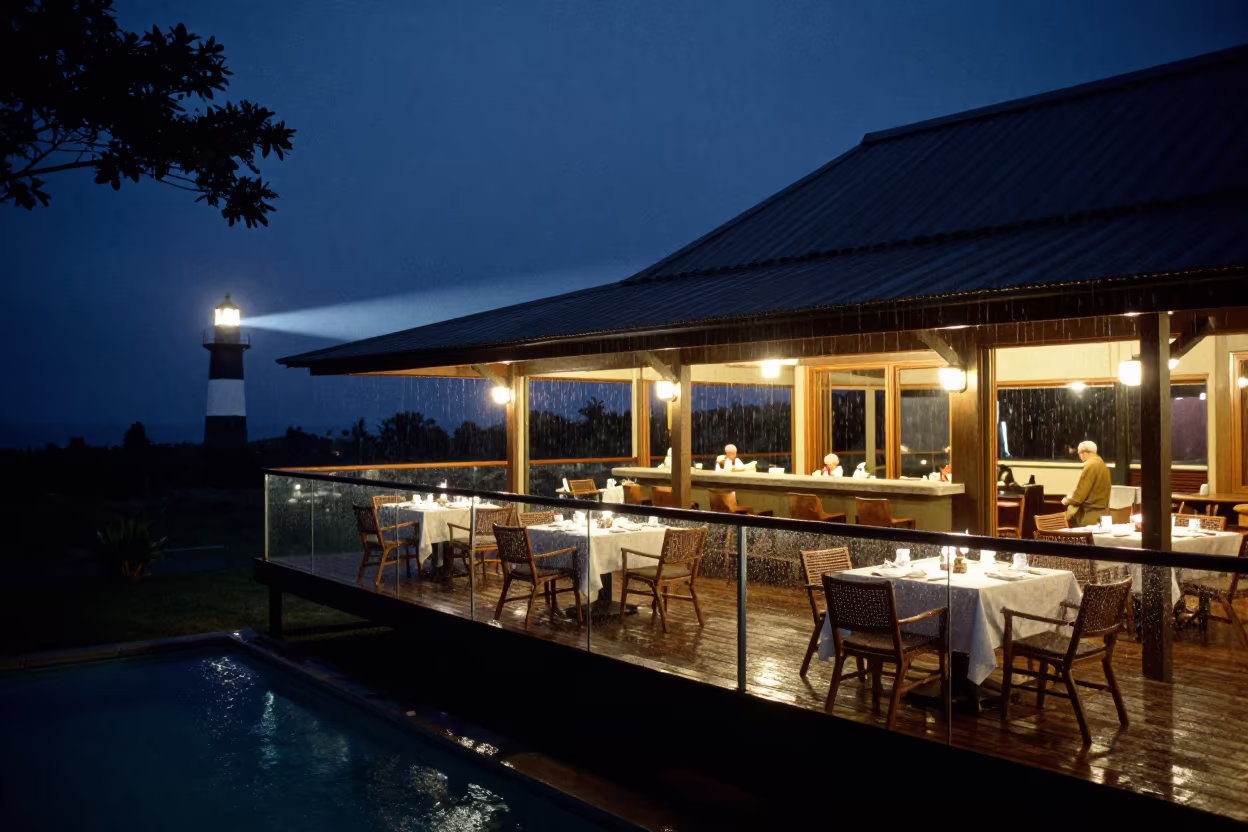 Mombasa Lodge Terrace Night Reset Poolside in on a resort pool deck near Mombasa
