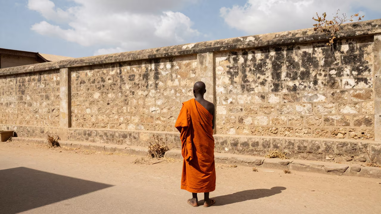Mombasa Monk in Saffron Robes Midday in in the old quarter in Mombasa