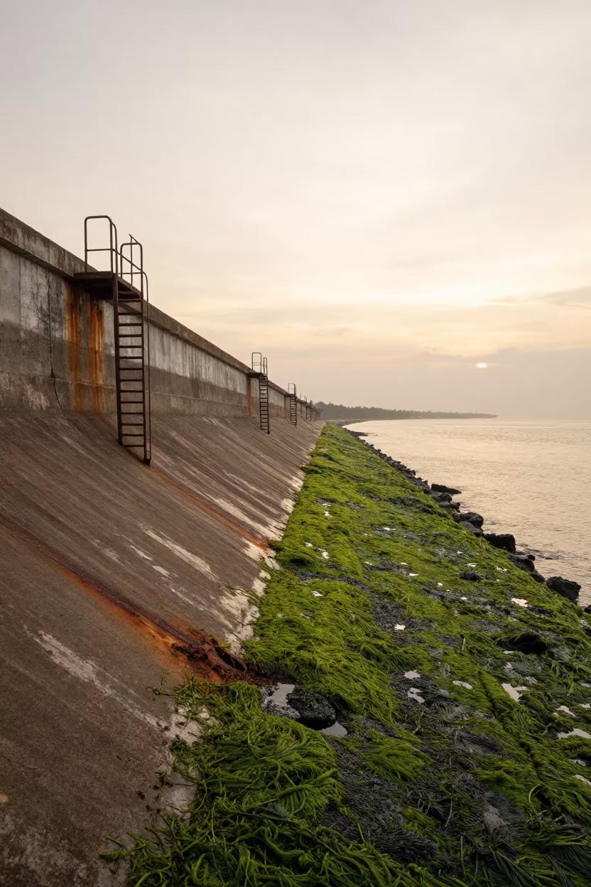 Mombasa Sea Wall Storm Ladders Rust and Algae in along a dam spillway in Mombasa