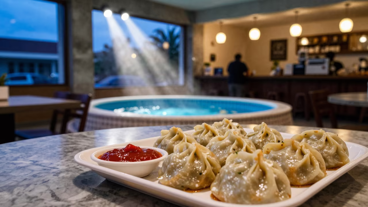 Momos and Pool Cup on Belize Marble Table in on a marble cafe table in Belize City