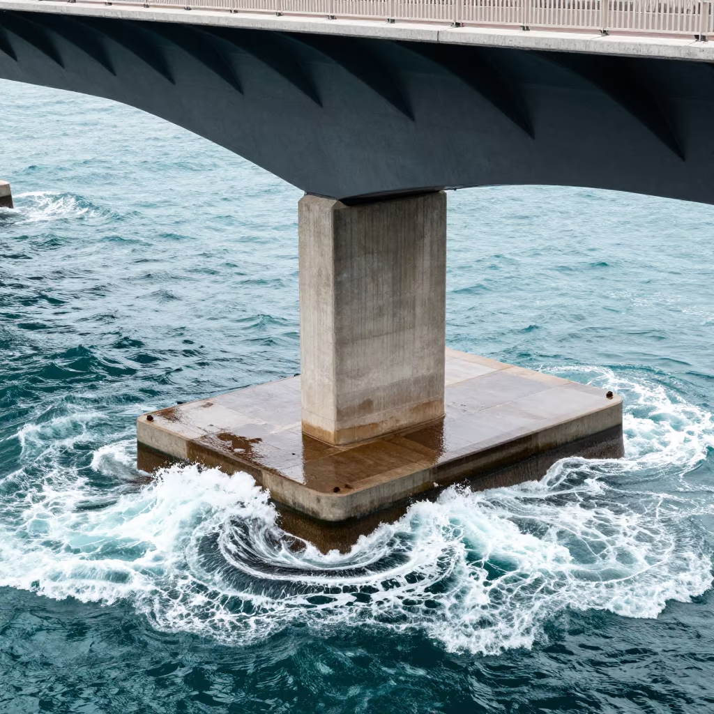 Monaco Bridge Pier Tidal Current Under Steel in beneath a bridge span in Monaco