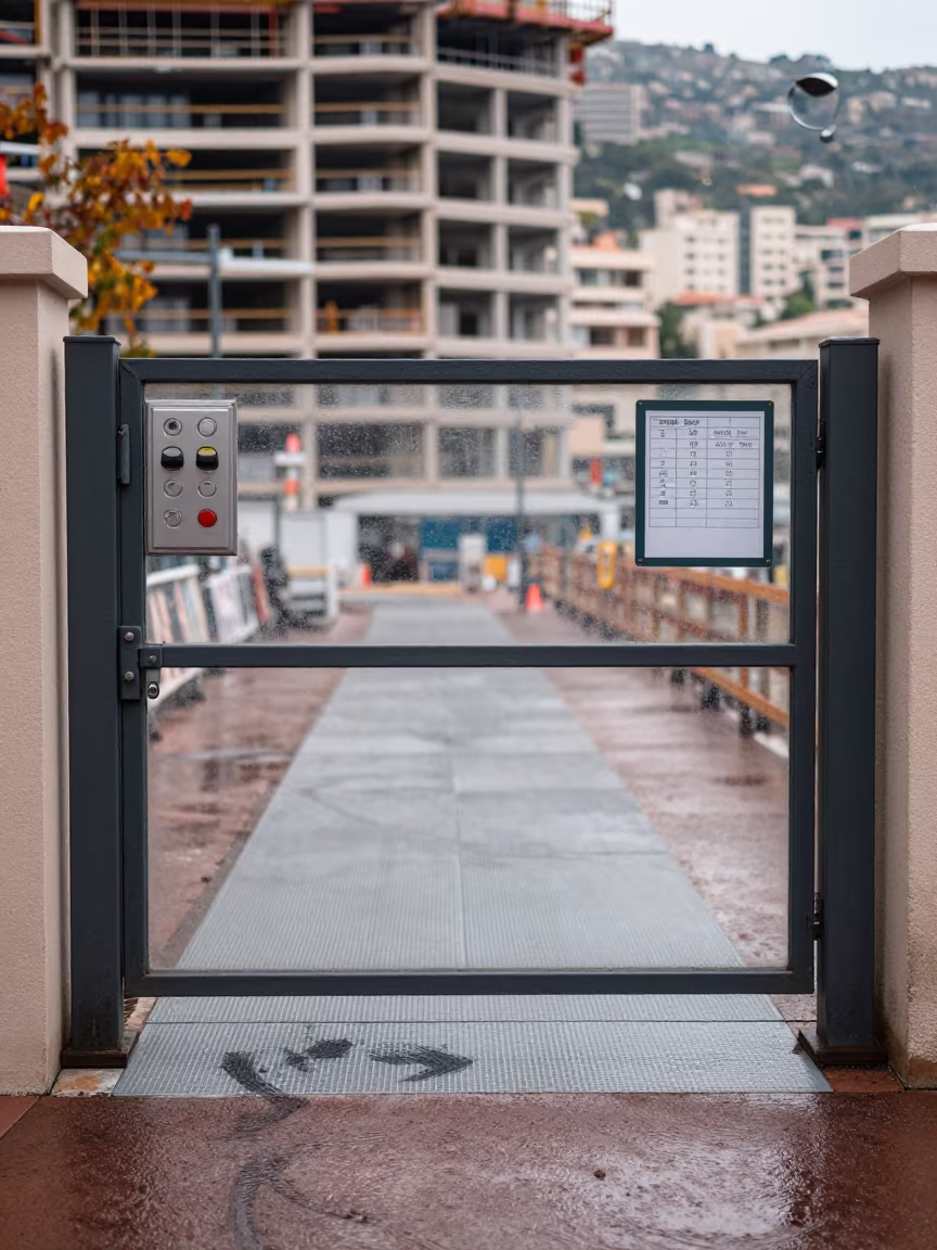 Monaco Construction Elevator Gate Weathered Details in beside a framed building shell in Monaco