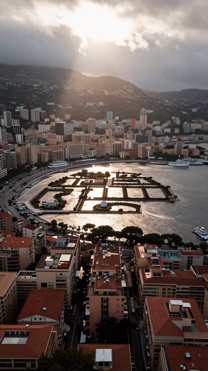Monaco Rooftops Aerial View After Rain in high above patterned rooftops in Monaco