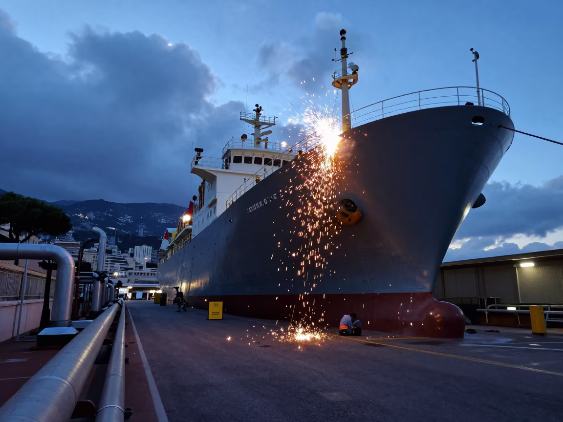 Monaco Shipyard Welding Sparks at Twilight in along a service road lined with pipes in Monaco