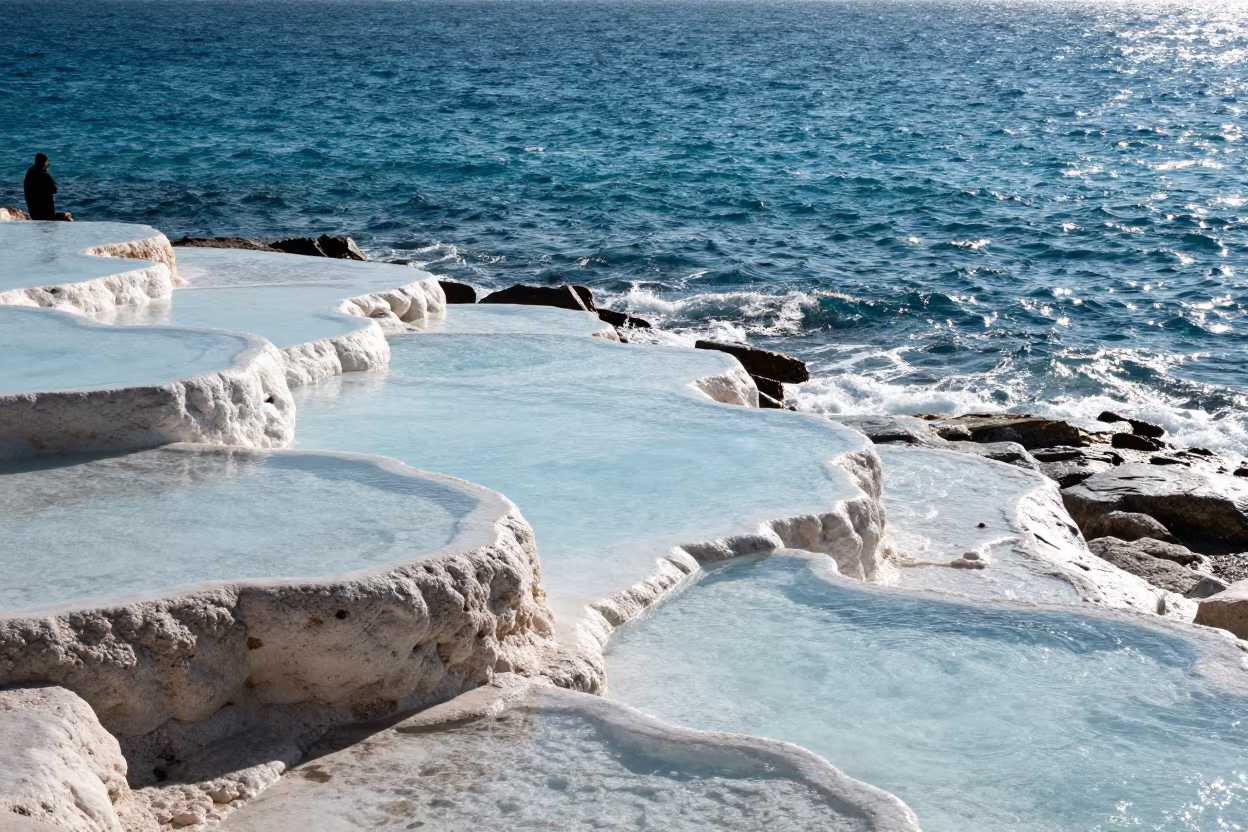 Mineral Blue Pools on Monaco Shoreline Terrace in along a wave-cut shoreline in Monaco