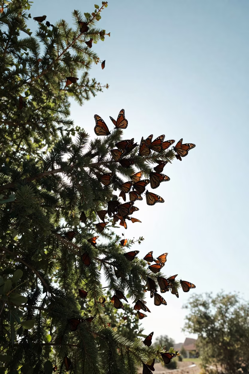 Monarch Butterfly Cluster on Fir Branch in near Al-Hasakah
