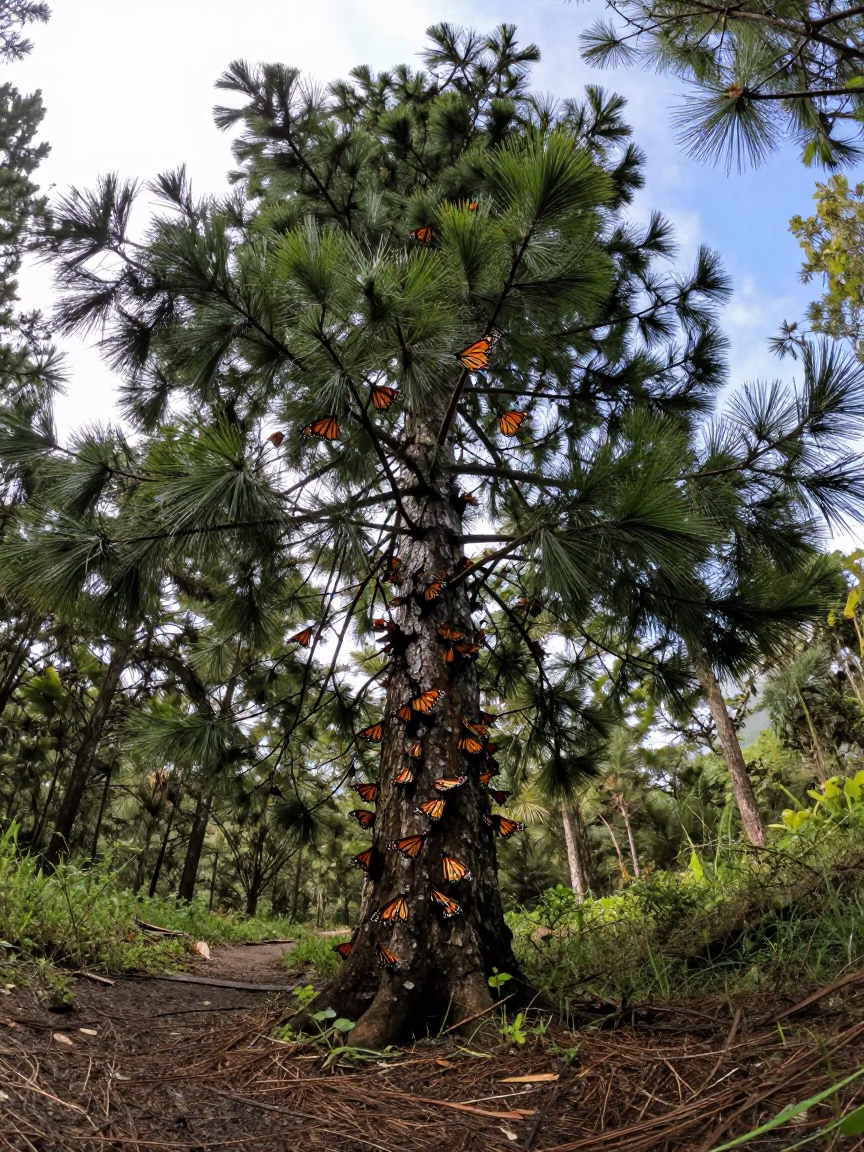Monarch Butterfly Cluster on Fir Tree in along a game trail near Tarapoto