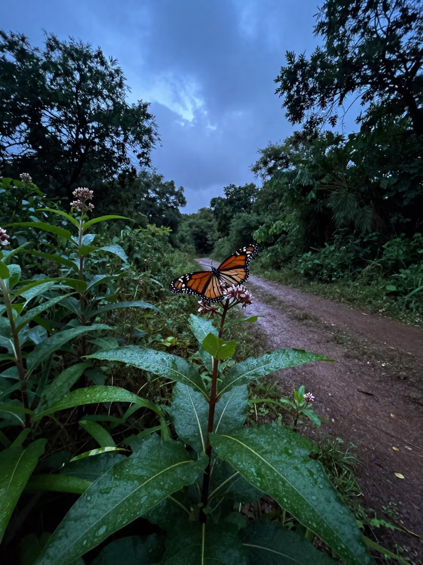 Monarch Butterfly on Monsoon Milkweed in along a game trail in Chhattisgarh
