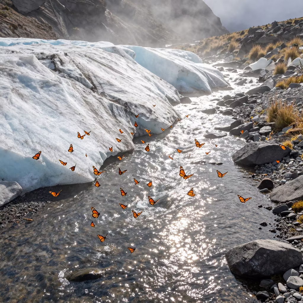 Monarch Butterfly Swarm Above Glacial Stream in above a glacial stream near San Isidro, Lima