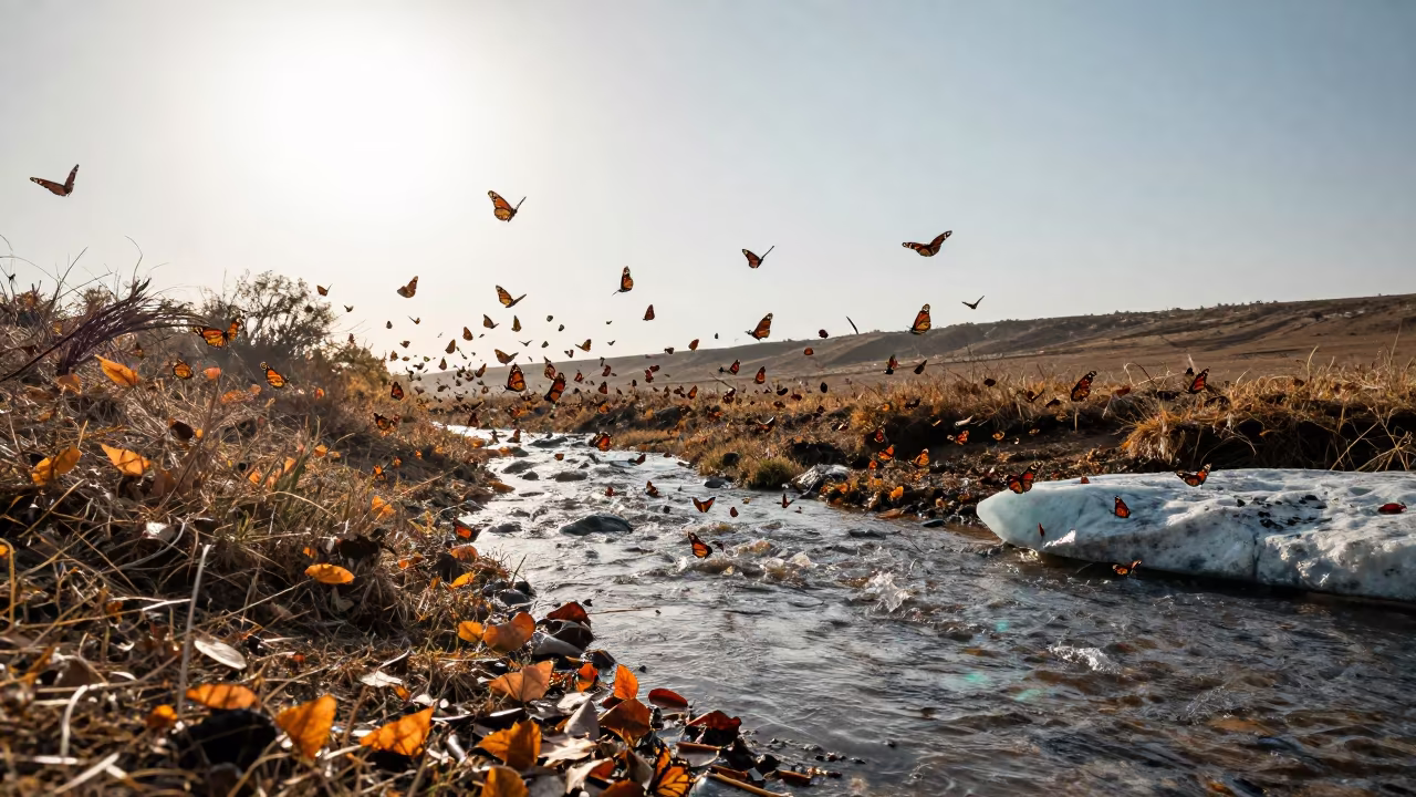 Monarch Butterfly Swarm Silhouette Over Iraqi Stream in above a glacial stream in Iraq