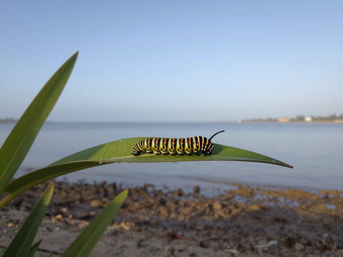 Monarch Caterpillar on Milkweed at Barbados Inlet in beside a tidal inlet in Barbados